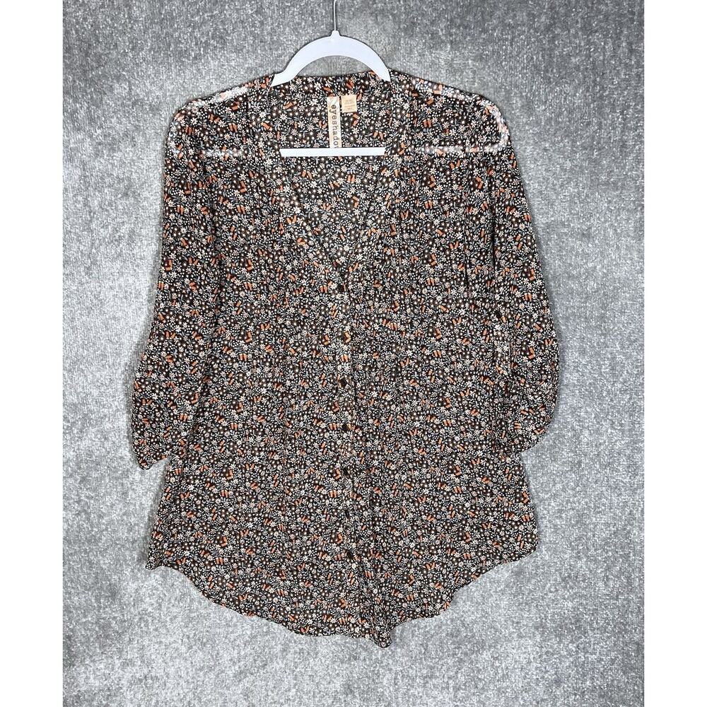 Eyeshadow Top Womens Size Medium Brown Floral Sheer Button Up Tunic‎ Pintucks